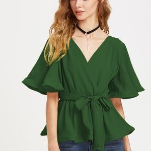 Flutter Sleeve Belted Surplice Wrap Top